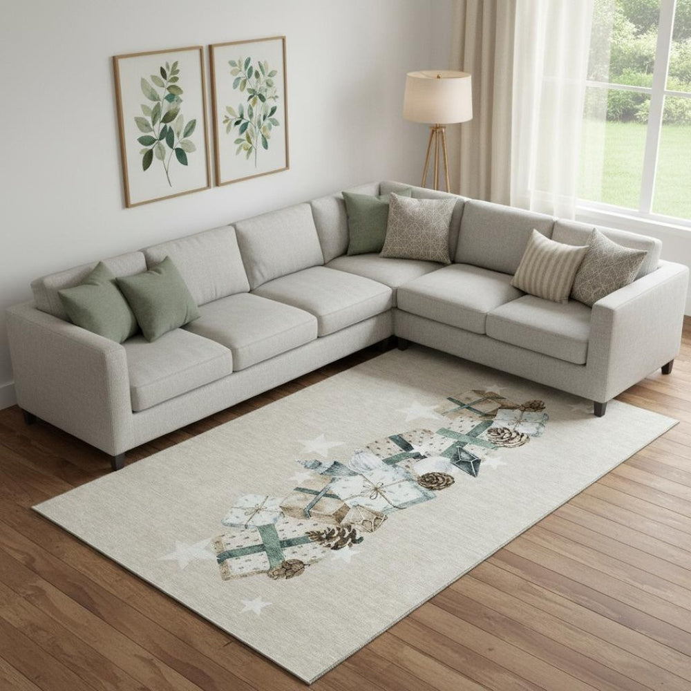 HomeRoots 9' X 12' Washable Beige Blue Ivory Geometric Area Rug with UV Protection for Stylish Living Spaces 702346