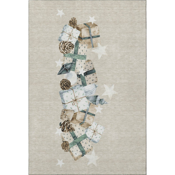 HomeRoots 9' X 12' Washable Beige Blue Ivory Geometric Area Rug with UV Protection for Stylish Living Spaces 702346