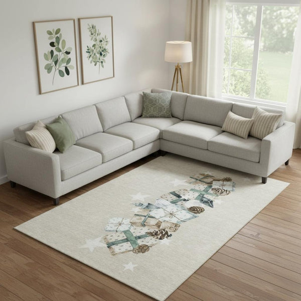 HomeRoots 10' x 14' Stylish Beige Blue Ivory Geometric Area Rug - Washable, UV Protected, Perfect for Homes! 702347