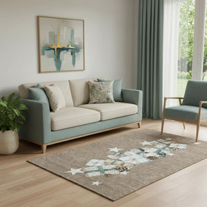 HomeRoots 5' X 8' Modern Geometric Washable Area Rug in Brown, Blue & Ivory - UV Protection & Easy Care! 702349