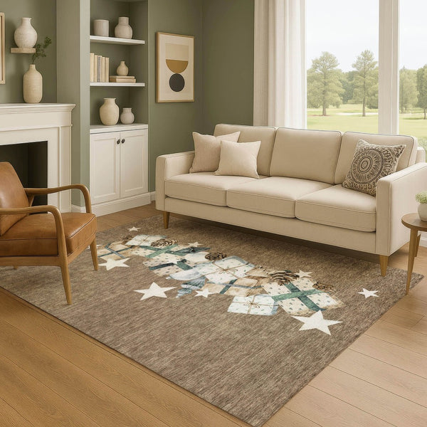 HomeRoots 5' X 8' Modern Geometric Washable Area Rug in Brown, Blue & Ivory - UV Protection & Easy Care! 702349