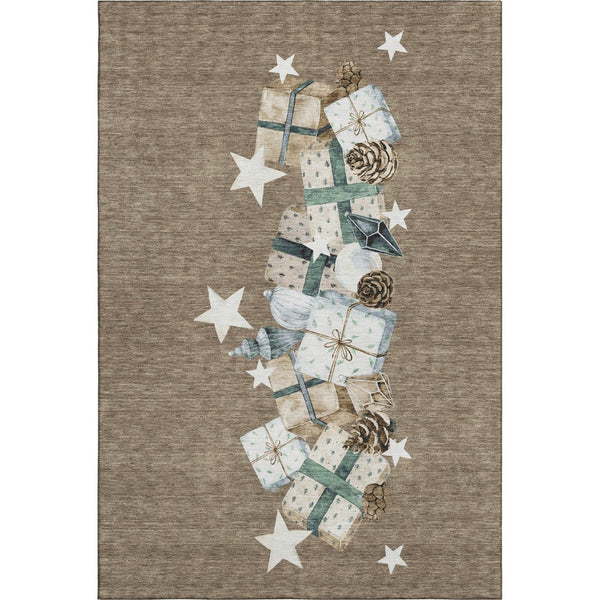 HomeRoots 5' X 8' Modern Geometric Washable Area Rug in Brown, Blue & Ivory - UV Protection & Easy Care! 702349