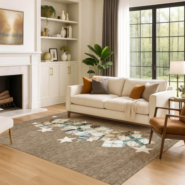 HomeRoots 5' X 8' Modern Geometric Washable Area Rug in Brown, Blue & Ivory - UV Protection & Easy Care! 702349