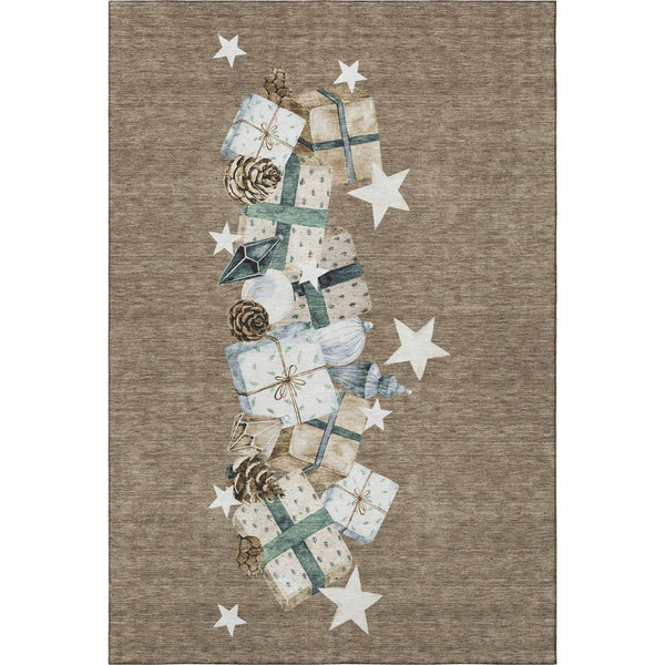 HomeRoots 5' X 8' Modern Geometric Washable Area Rug in Brown, Blue & Ivory - UV Protection & Easy Care! 702349