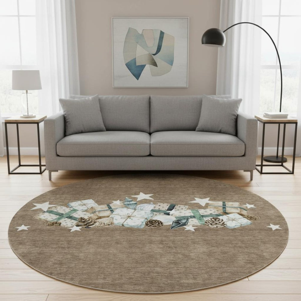 HomeRoots 8' Brown Blue and Ivory Geometric Washable Round Rug - Stain Resistant with UV Protection for Durability 702350
