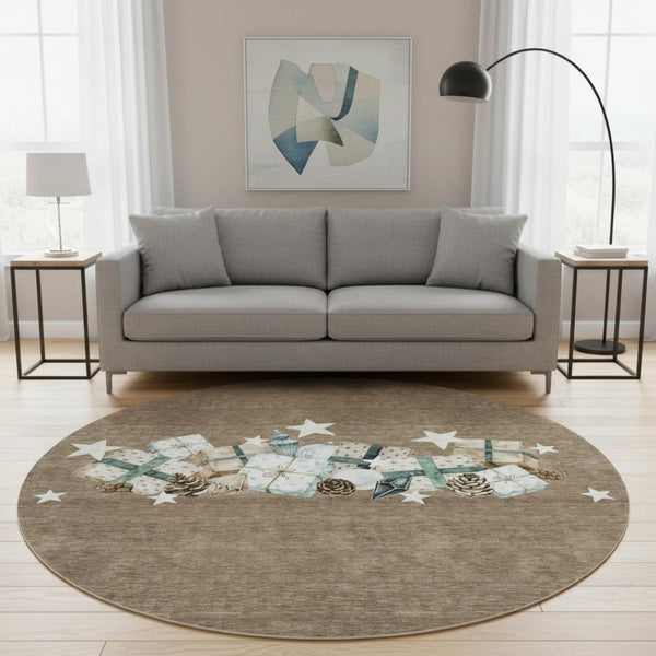 HomeRoots 8' Brown Blue and Ivory Geometric Washable Round Rug - Stain Resistant with UV Protection for Durability 702350