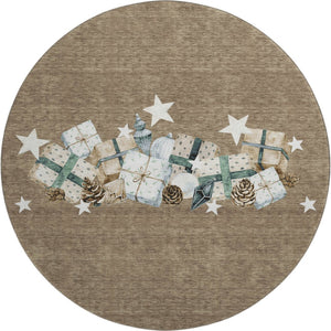 HomeRoots 8' Brown Blue and Ivory Geometric Washable Round Rug - Stain Resistant with UV Protection for Durability 702350