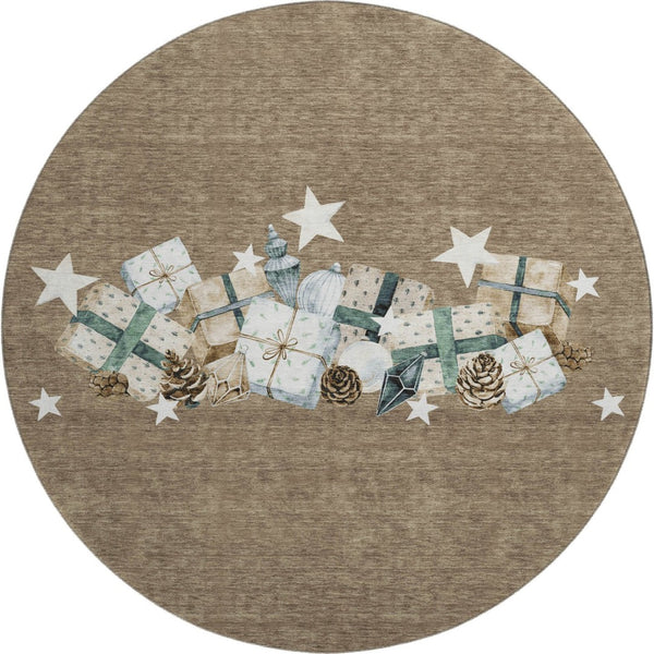 HomeRoots 8' Brown Blue and Ivory Geometric Washable Round Rug - Stain Resistant with UV Protection for Durability 702350