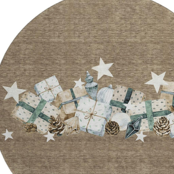 HomeRoots 8' Brown Blue and Ivory Geometric Washable Round Rug - Stain Resistant with UV Protection for Durability 702350