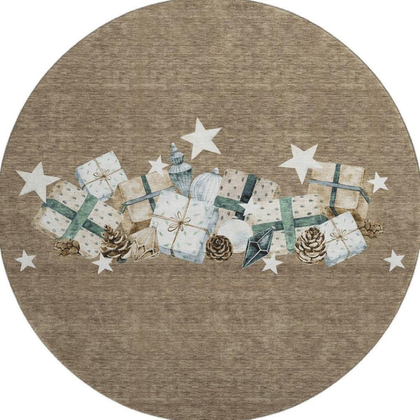 HomeRoots 8' Brown Blue and Ivory Geometric Washable Round Rug - Stain Resistant with UV Protection for Durability 702350