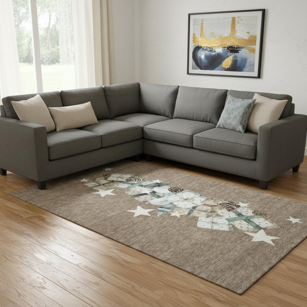 HomeRoots 8' X 10' Geometric Washable Area Rug in Brown, Blue & Ivory - Durable, UV-Protected for Busy Homes 702351