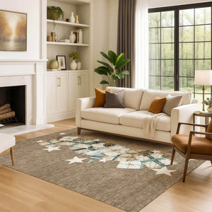 HomeRoots 9' X 12' Stylish Brown, Blue & Ivory Washable Geometric Area Rug with UV Protection for Homes 702352
