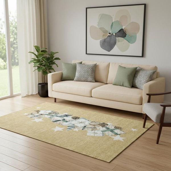 HomeRoots 5' X 8' Stylish Gold Blue Ivory Geometric Washable Area Rug with UV Protection for Busy Homes 702355