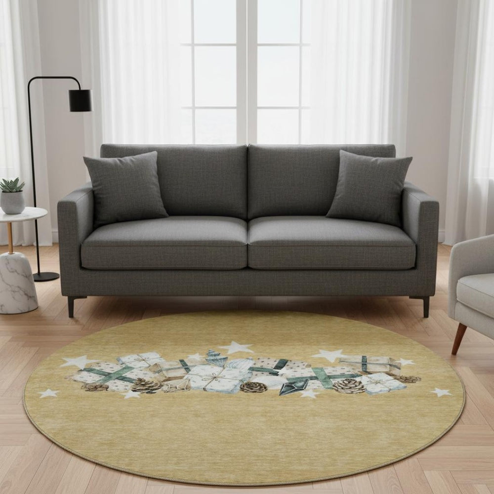 HomeRoots 8' Gold Blue Ivory Geometric Washable Round Rug with UV Protection – Stylish, Durable, and Easy Care! 702356