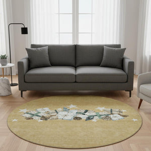 HomeRoots 8' Gold Blue Ivory Geometric Washable Round Rug with UV Protection – Stylish, Durable, and Easy Care! 702356
