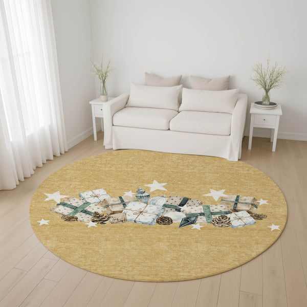 HomeRoots 8' Gold Blue Ivory Geometric Washable Round Rug with UV Protection – Stylish, Durable, and Easy Care! 702356