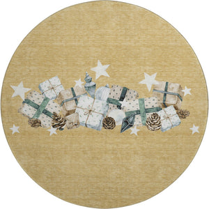 HomeRoots 8' Gold Blue Ivory Geometric Washable Round Rug with UV Protection – Stylish, Durable, and Easy Care! 702356