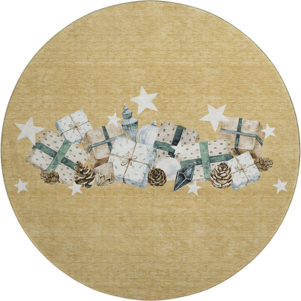 HomeRoots 8' Gold Blue Ivory Geometric Washable Round Rug with UV Protection – Stylish, Durable, and Easy Care! 702356