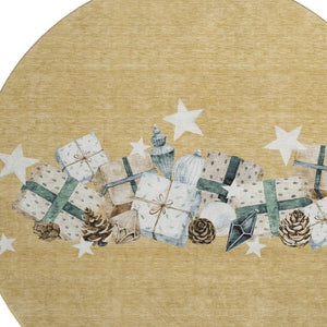 HomeRoots 8' Gold Blue Ivory Geometric Washable Round Rug with UV Protection – Stylish, Durable, and Easy Care! 702356