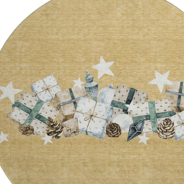 HomeRoots 8' Gold Blue Ivory Geometric Washable Round Rug with UV Protection – Stylish, Durable, and Easy Care! 702356