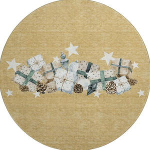 HomeRoots 8' Gold Blue Ivory Geometric Washable Round Rug with UV Protection – Stylish, Durable, and Easy Care! 702356