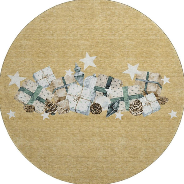 HomeRoots 8' Gold Blue Ivory Geometric Washable Round Rug with UV Protection – Stylish, Durable, and Easy Care! 702356
