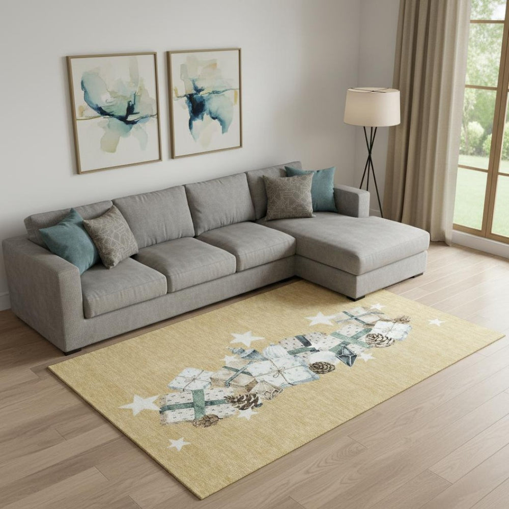 HomeRoots 9' X 12' Stylish Gold, Blue & Ivory Geometric Washable Area Rug with UV Protection for Modern Spaces 702358