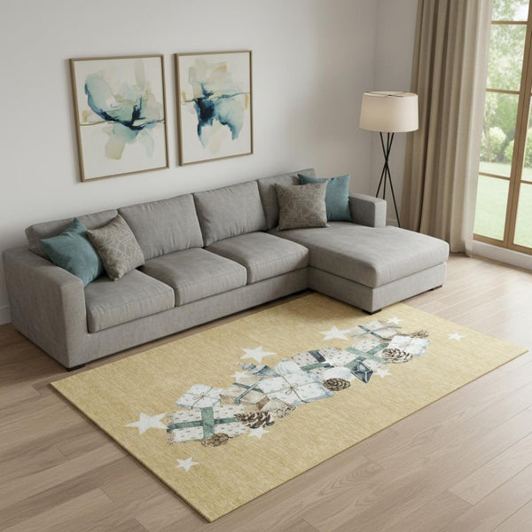 HomeRoots 9' X 12' Stylish Gold, Blue & Ivory Geometric Washable Area Rug with UV Protection for Modern Spaces 702358