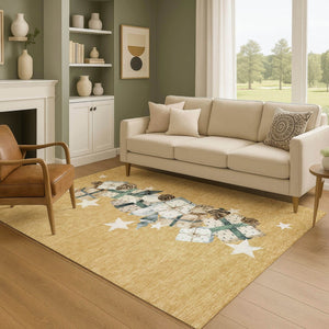 HomeRoots 9' X 12' Stylish Gold, Blue & Ivory Geometric Washable Area Rug with UV Protection for Modern Spaces 702358