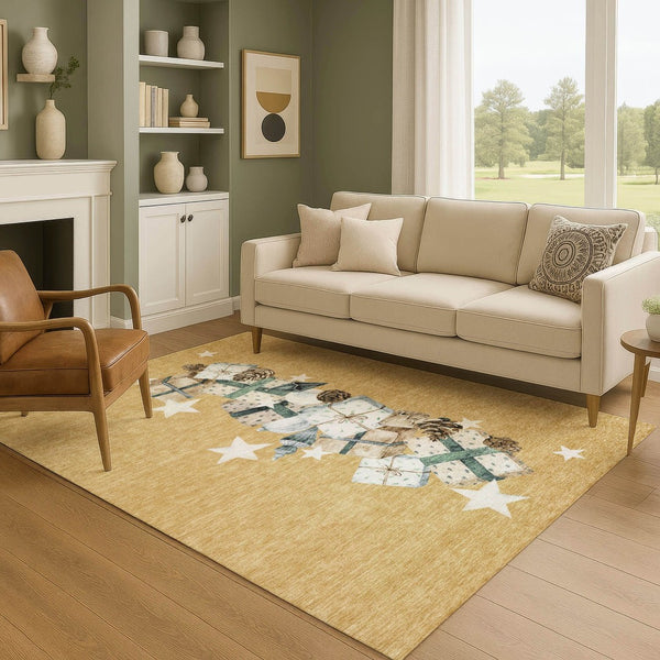 HomeRoots 9' X 12' Stylish Gold, Blue & Ivory Geometric Washable Area Rug with UV Protection for Modern Spaces 702358