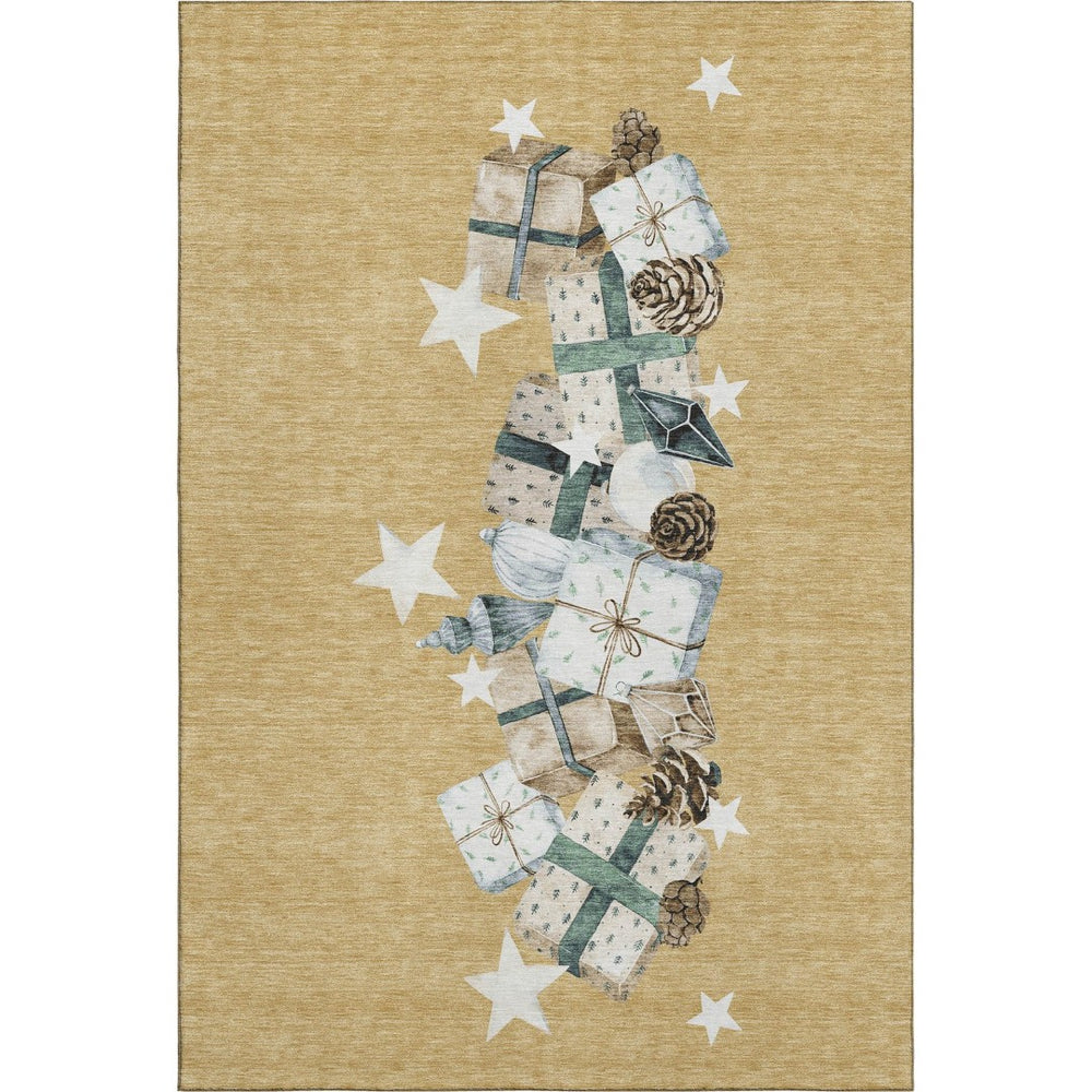 HomeRoots 9' X 12' Stylish Gold, Blue & Ivory Geometric Washable Area Rug with UV Protection for Modern Spaces 702358