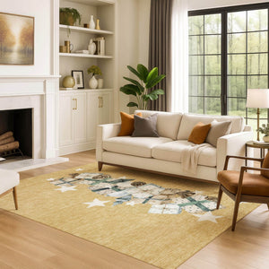 HomeRoots 9' X 12' Stylish Gold, Blue & Ivory Geometric Washable Area Rug with UV Protection for Modern Spaces 702358
