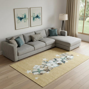 HomeRoots 10' Modern Geometric Area Rug in Gold, Blue & Ivory - Washable, UV Protected, Durable Design for Homes 702359