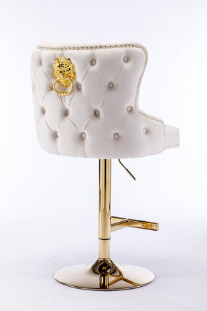 English Elm Hengming Velvet Bar Chair Stool with Plush Sponge Cushion, Gold Lion Head Pull & T‑Leg Base Gorgeous Finish and Anti‑Skid Feet (Set of 1) Beige W212P156699
