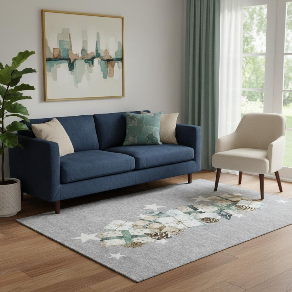 HomeRoots 5' X 8' Modern Gray Beige Blue Geometric Washable Area Rug with UV Protection for High Traffic Homes 702361