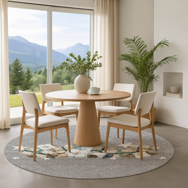 HomeRoots 8' Round Geometric Washable Rug in Gray, Beige & Blue - UV-Protected, Family-Friendly & Stylish! 702362