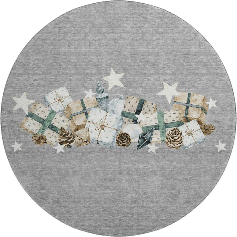 HomeRoots 8' Round Geometric Washable Rug in Gray, Beige & Blue - UV-Protected, Family-Friendly & Stylish! 702362