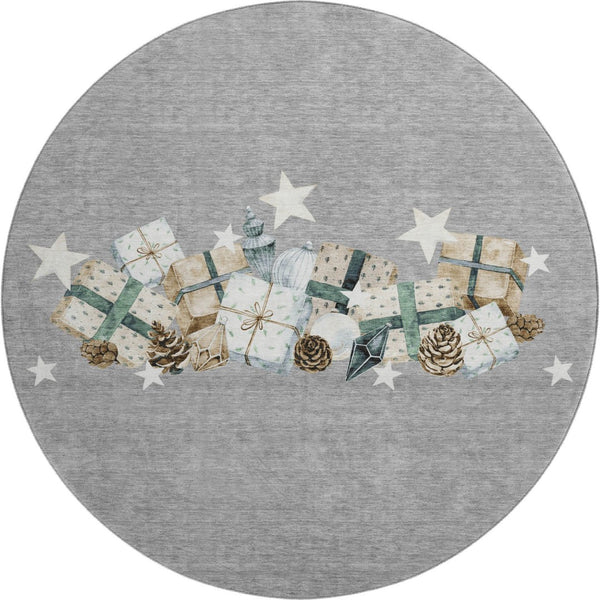 HomeRoots 8' Round Geometric Washable Rug in Gray, Beige & Blue - UV-Protected, Family-Friendly & Stylish! 702362