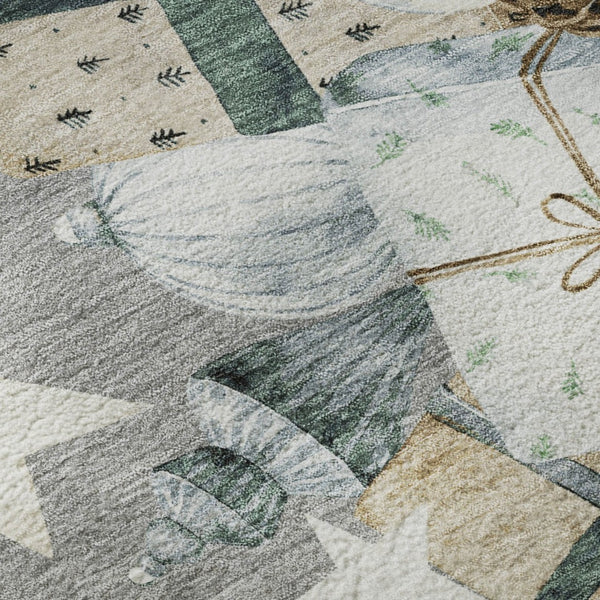 HomeRoots 8' Round Geometric Washable Rug in Gray, Beige & Blue - UV-Protected, Family-Friendly & Stylish! 702362