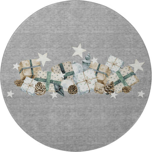 HomeRoots 8' Round Geometric Washable Rug in Gray, Beige & Blue - UV-Protected, Family-Friendly & Stylish! 702362