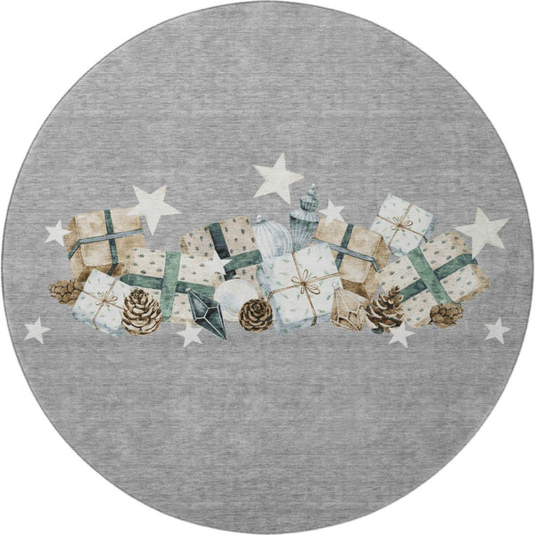 HomeRoots 8' Round Geometric Washable Rug in Gray, Beige & Blue - UV-Protected, Family-Friendly & Stylish! 702362