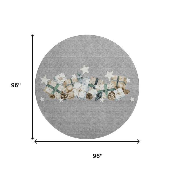 HomeRoots 8' Round Geometric Washable Rug in Gray, Beige & Blue - UV-Protected, Family-Friendly & Stylish! 702362