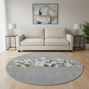 HomeRoots 8' Round Geometric Washable Rug in Gray, Beige & Blue - UV-Protected, Family-Friendly & Stylish! 702362