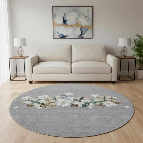 HomeRoots 8' Round Geometric Washable Rug in Gray, Beige & Blue - UV-Protected, Family-Friendly & Stylish! 702362