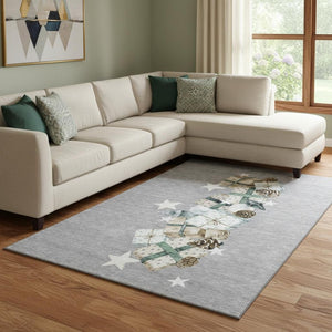 HomeRoots 8' X 10' Stylish Gray Beige and Blue Geometric Washable Area Rug with UV Protection for Homes 702363