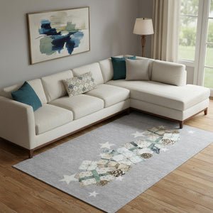 HomeRoots 10' Geometric Washable Area Rug in Gray Beige & Blue - UV Protected for High Traffic Spaces! 702365