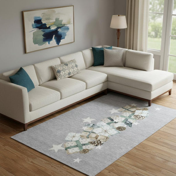 HomeRoots 10' Geometric Washable Area Rug in Gray Beige & Blue - UV Protected for High Traffic Spaces! 702365