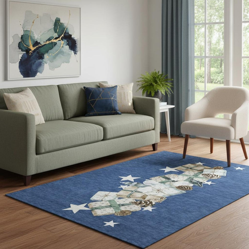 HomeRoots 5' X 8' Stylish Navy Blue, Beige & Ivory Geometric Area Rug - Washable, UV-Protected & Durable Design 702367