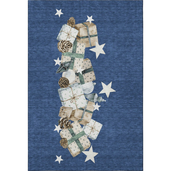 HomeRoots 5' X 8' Stylish Navy Blue, Beige & Ivory Geometric Area Rug - Washable, UV-Protected & Durable Design 702367