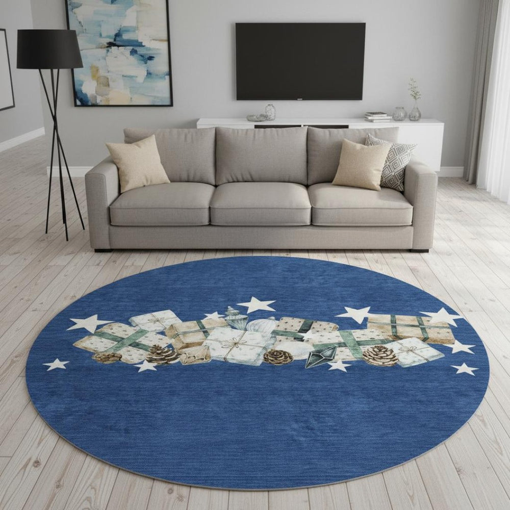 HomeRoots 8' Navy Blue Geometric Washable Round Rug with UV Protection – Stylish, Durable, Easy Care for Any Space 702368